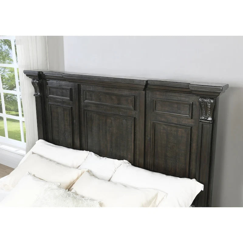 Juego de dormitorio de paneles de madera de nogal oscuro – Cama, cómoda, espejo y 2 mesitas de noche (King/Queen, 2 personas)
