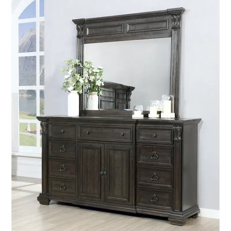 Juego de dormitorio de paneles de madera de nogal oscuro – Cama, cómoda, espejo y 2 mesitas de noche (King/Queen, 2 personas)