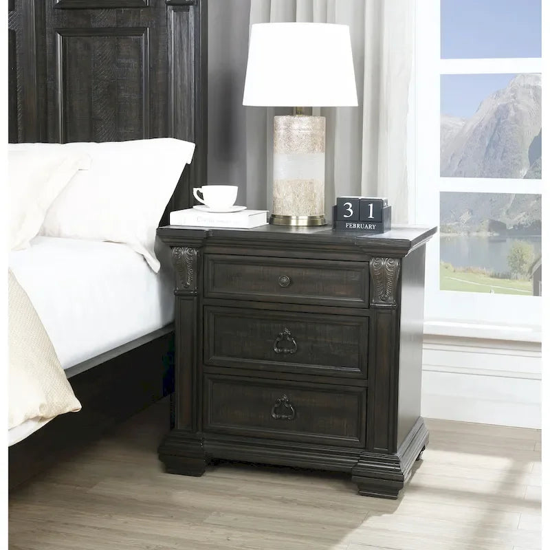 Juego de dormitorio de paneles de madera de nogal oscuro – Cama, cómoda, espejo y 2 mesitas de noche (King/Queen, 2 personas)