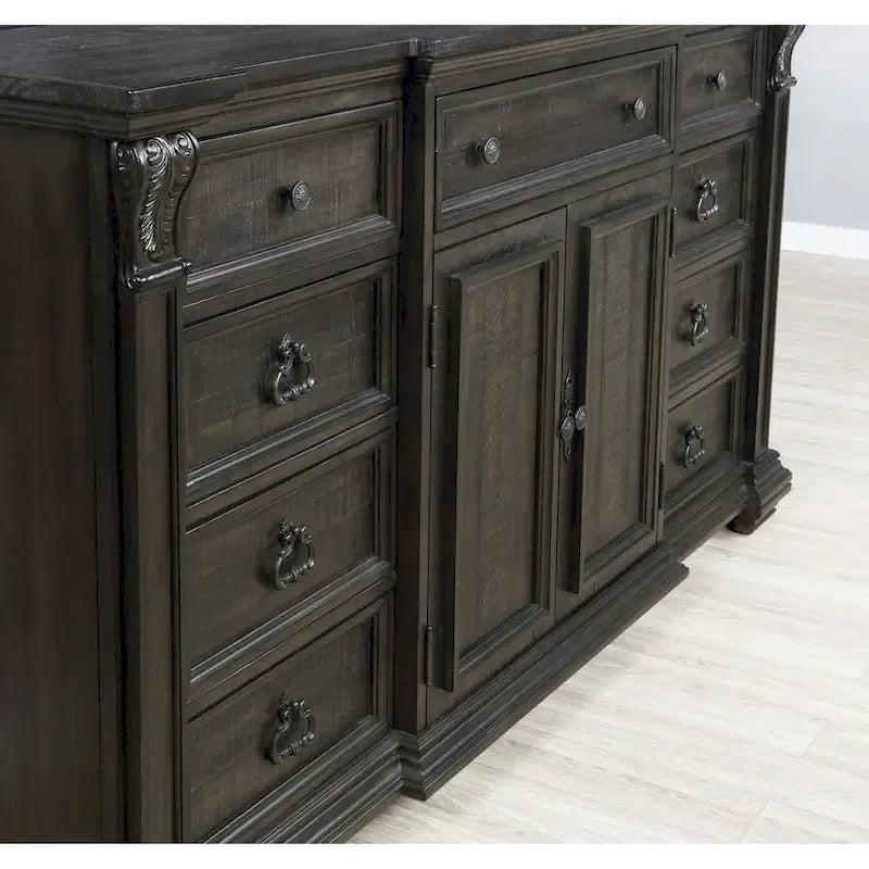 Juego de dormitorio de paneles de madera de nogal oscuro – Cama, cómoda, espejo y 2 mesitas de noche (King/Queen, 2 personas)