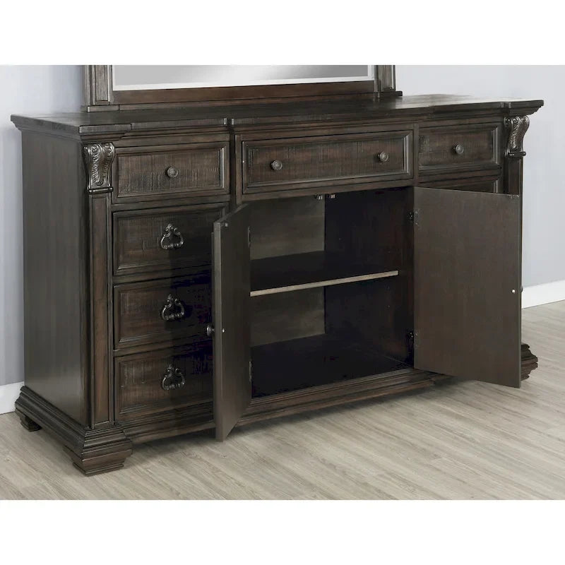 Juego de dormitorio de paneles de madera de nogal oscuro – Cama, cómoda, espejo y 2 mesitas de noche (King/Queen, 2 personas)