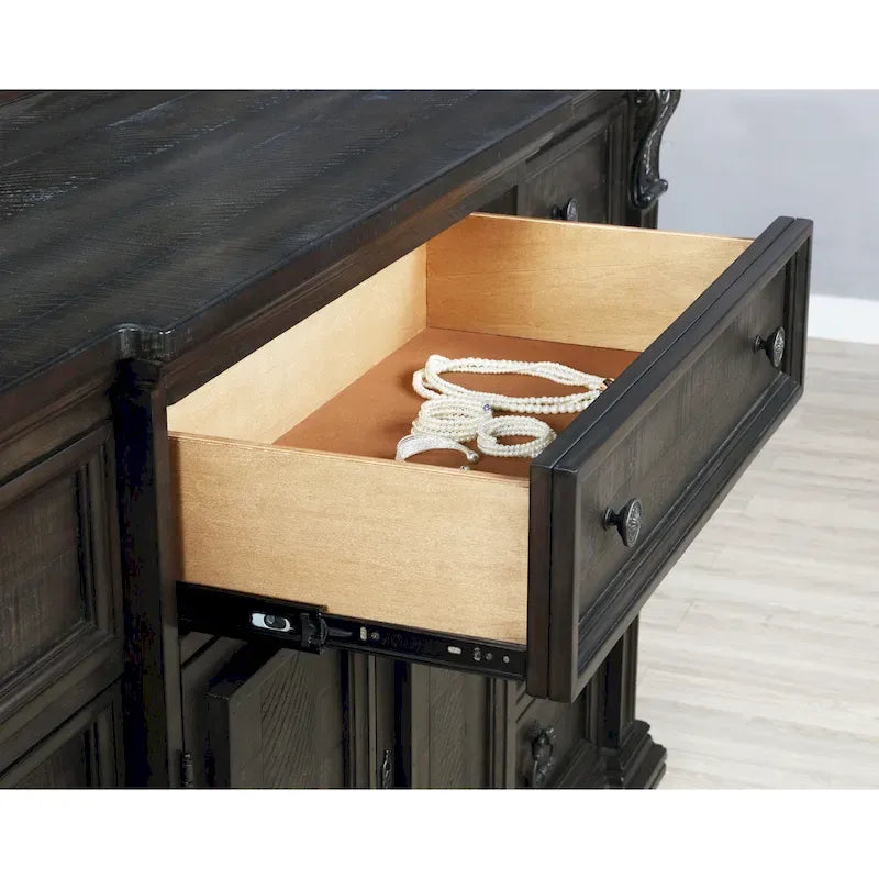 Juego de dormitorio de paneles de madera de nogal oscuro – Cama, cómoda, espejo y 2 mesitas de noche (King/Queen, 2 personas)