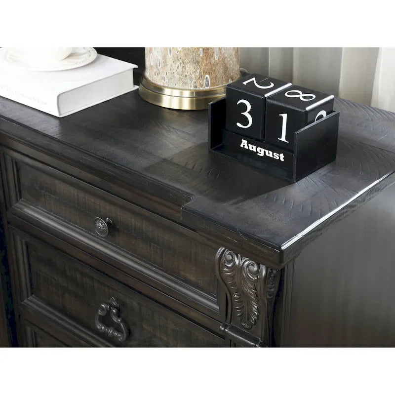 Juego de dormitorio de paneles de madera de nogal oscuro – Cama, cómoda, espejo y 2 mesitas de noche (King/Queen, 2 personas)