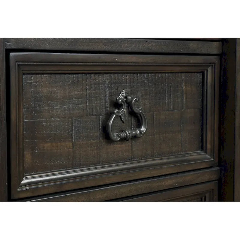 Juego de dormitorio de paneles de madera de nogal oscuro – Cama, cómoda, espejo y 2 mesitas de noche (King/Queen, 2 personas)