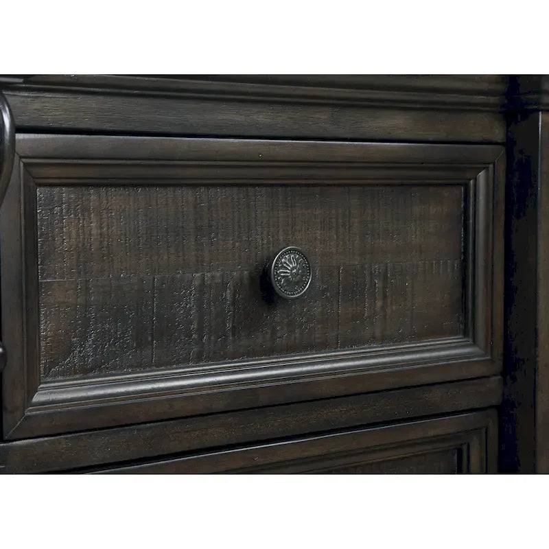 Juego de dormitorio de paneles de madera de nogal oscuro – Cama, cómoda, espejo y 2 mesitas de noche (King/Queen, 2 personas)