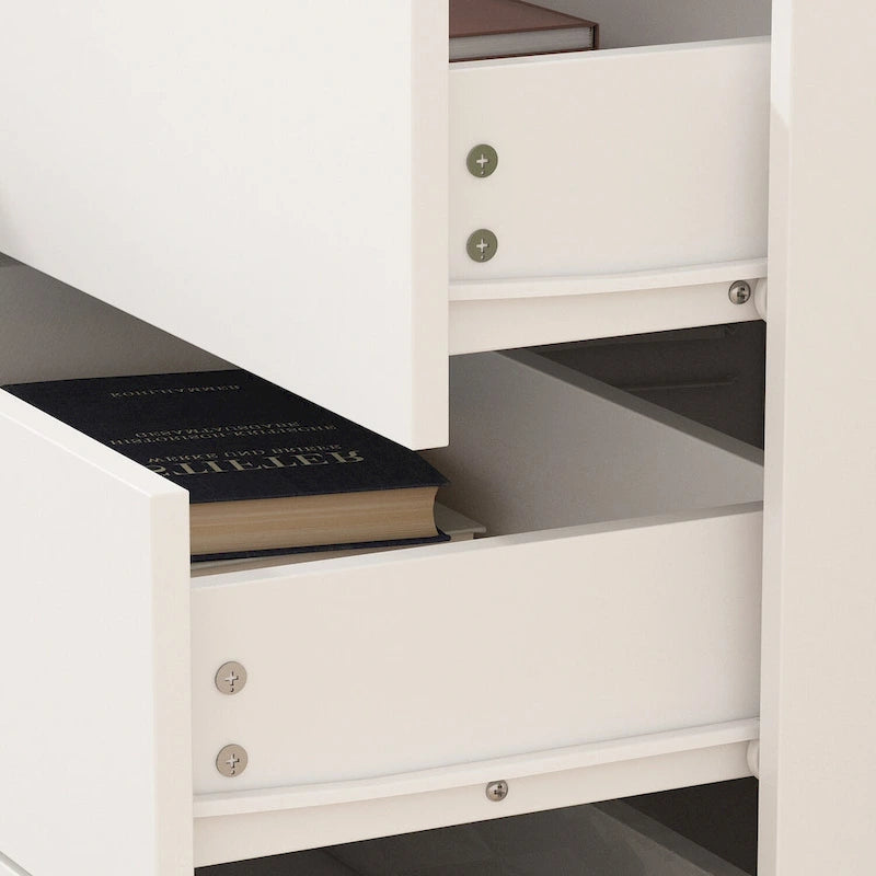 Tocador moderno de mediados de siglo blanco/negro, patas doradas, 3 cajones + gabinete, montaje por 1 persona