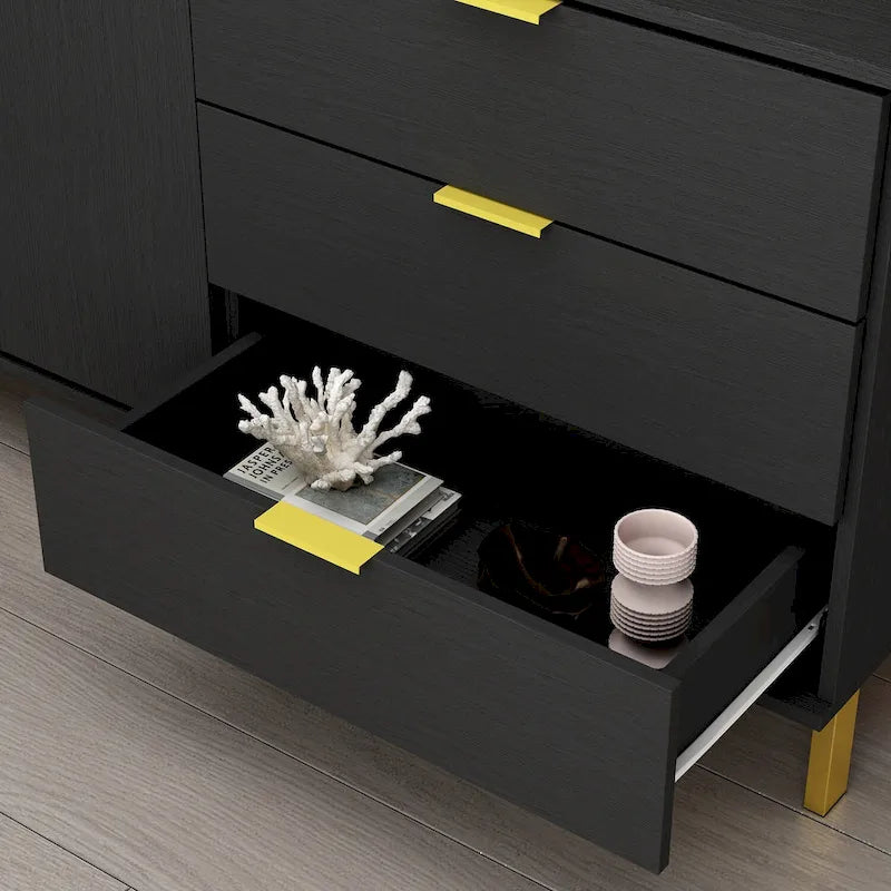 Tocador moderno de mediados de siglo blanco/negro, patas doradas, 3 cajones + gabinete, montaje por 1 persona