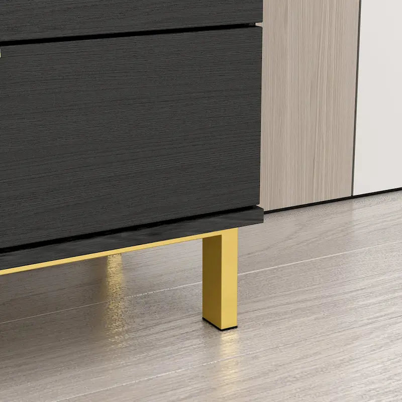 Tocador moderno de mediados de siglo blanco/negro, patas doradas, 3 cajones + gabinete, montaje por 1 persona