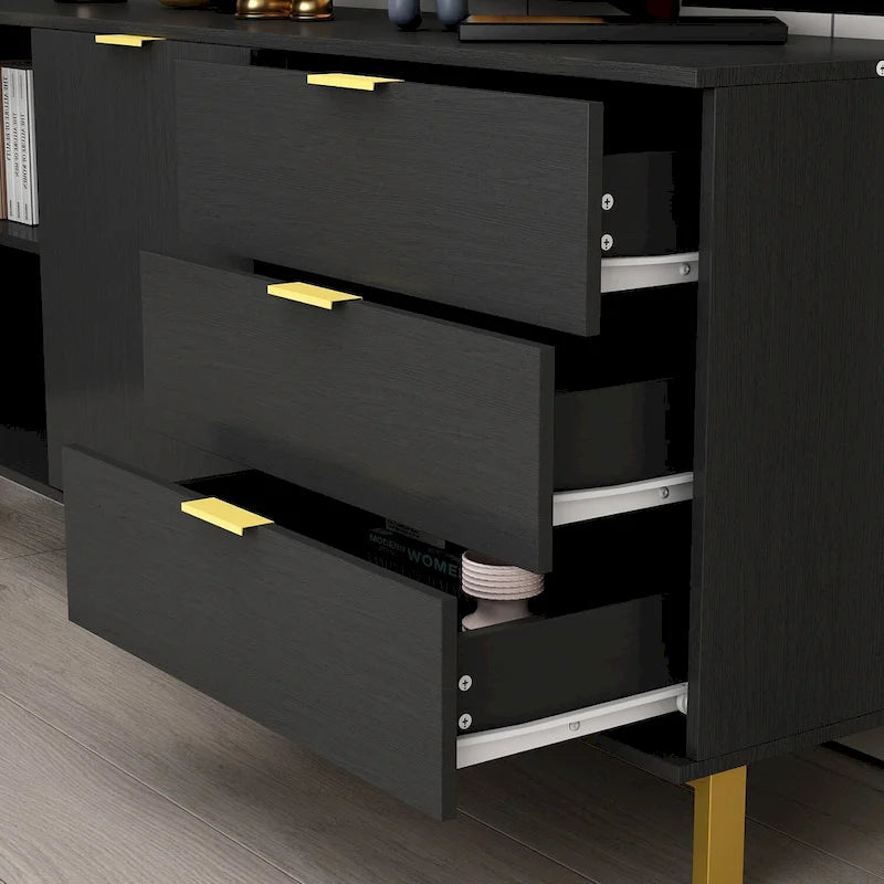 Tocador moderno de mediados de siglo blanco/negro, patas doradas, 3 cajones + gabinete, montaje por 1 persona