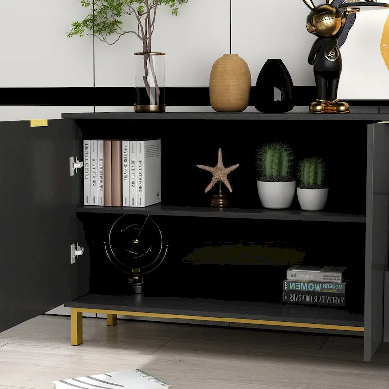 Tocador moderno de mediados de siglo blanco/negro, patas doradas, 3 cajones + gabinete, montaje por 1 persona