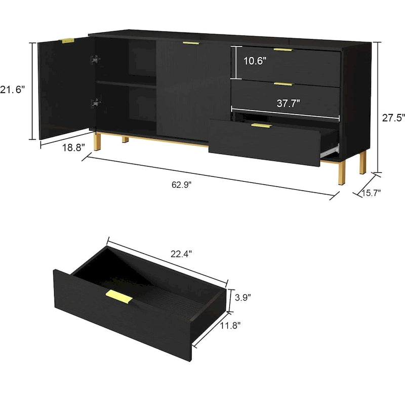 Tocador moderno de mediados de siglo blanco/negro, patas doradas, 3 cajones + gabinete, montaje por 1 persona