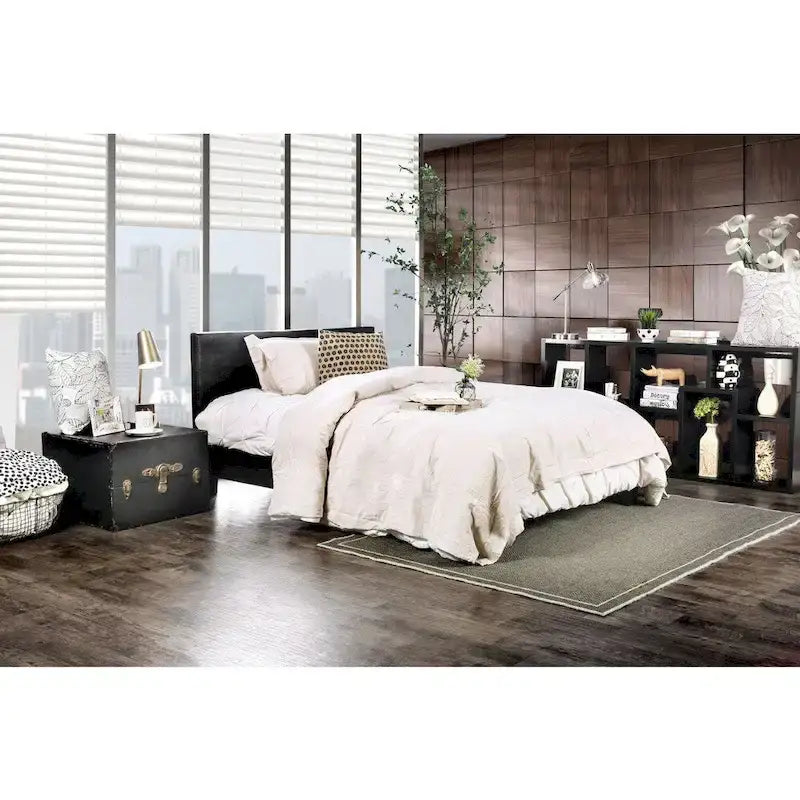 Cama Plataforma de Piel Sintética Negra, Textura de Cocodrilo, para una Persona