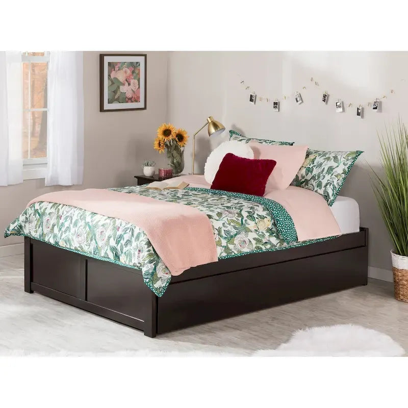 Cama King con plataforma y nido individual XL en nogal/blanco/espresso/gris, capacidad para 2 personas
