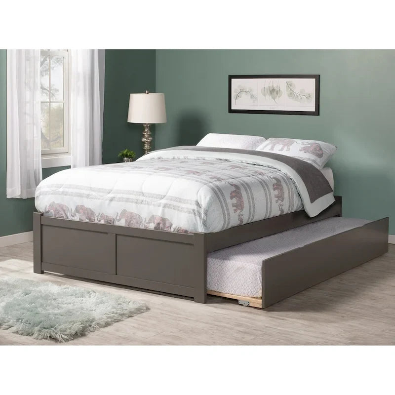 Cama King con plataforma y nido individual XL en nogal/blanco/espresso/gris, capacidad para 2 personas