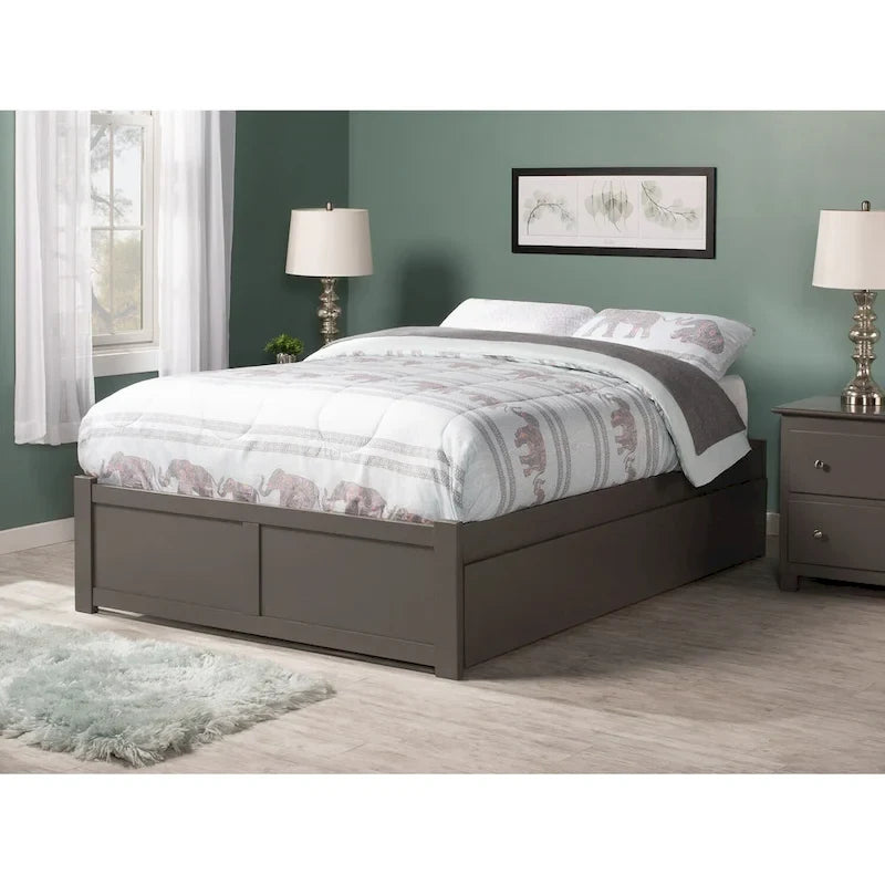 Cama King con plataforma y nido individual XL en nogal/blanco/espresso/gris, capacidad para 2 personas