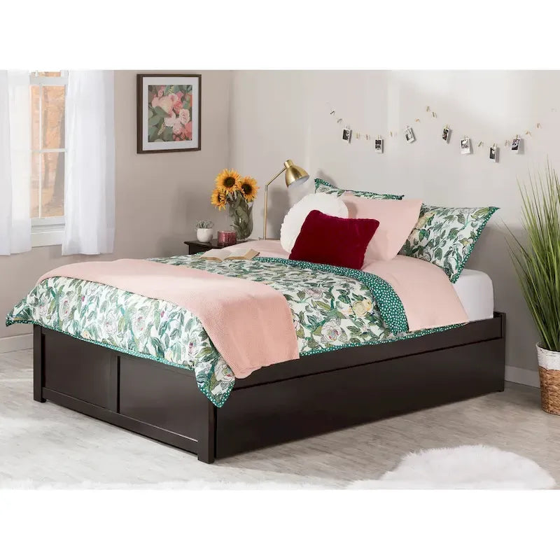 Cama King con plataforma y nido individual XL en nogal/blanco/espresso/gris, capacidad para 2 personas