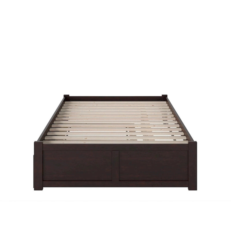 Cama King con plataforma y nido individual XL en nogal/blanco/espresso/gris, capacidad para 2 personas