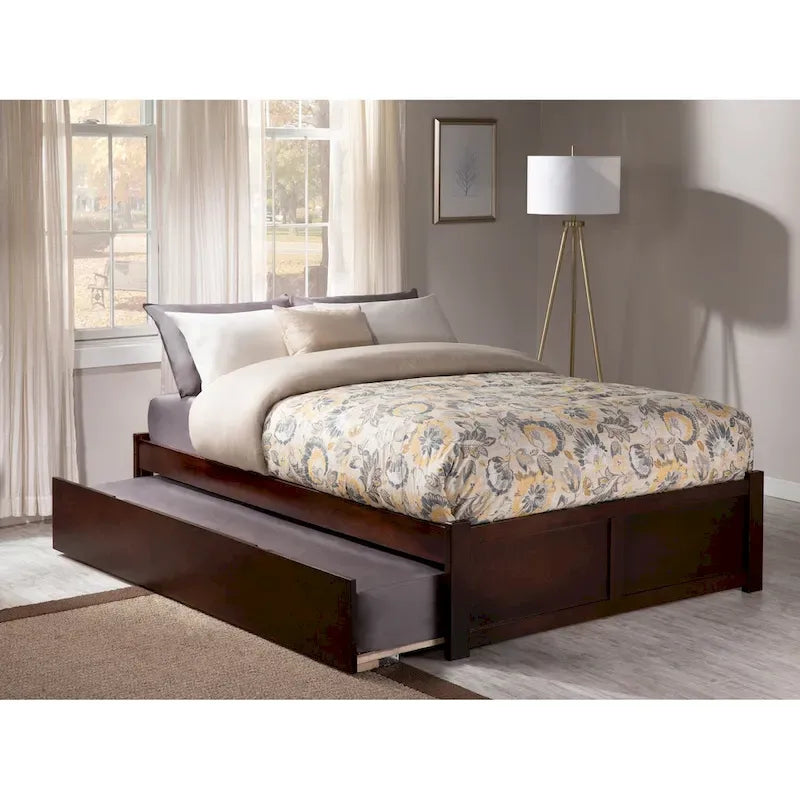 Cama King con plataforma y nido individual XL en nogal/blanco/espresso/gris, capacidad para 2 personas