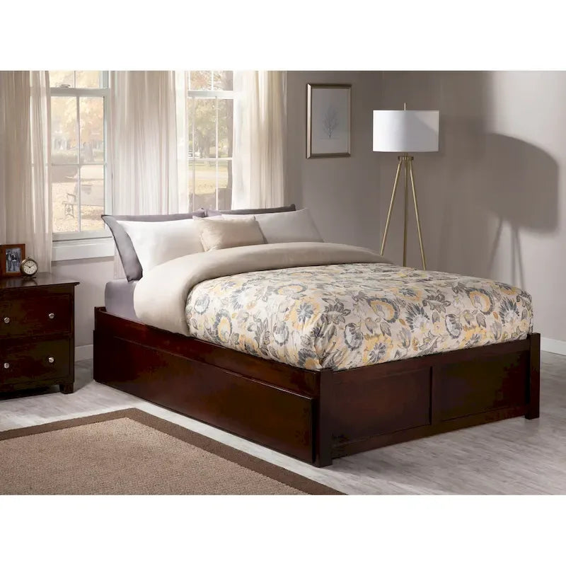 Cama King con plataforma y nido individual XL en nogal/blanco/espresso/gris, capacidad para 2 personas