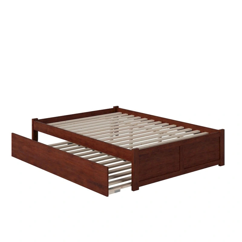 Cama King con plataforma y nido individual XL en nogal/blanco/espresso/gris, capacidad para 2 personas