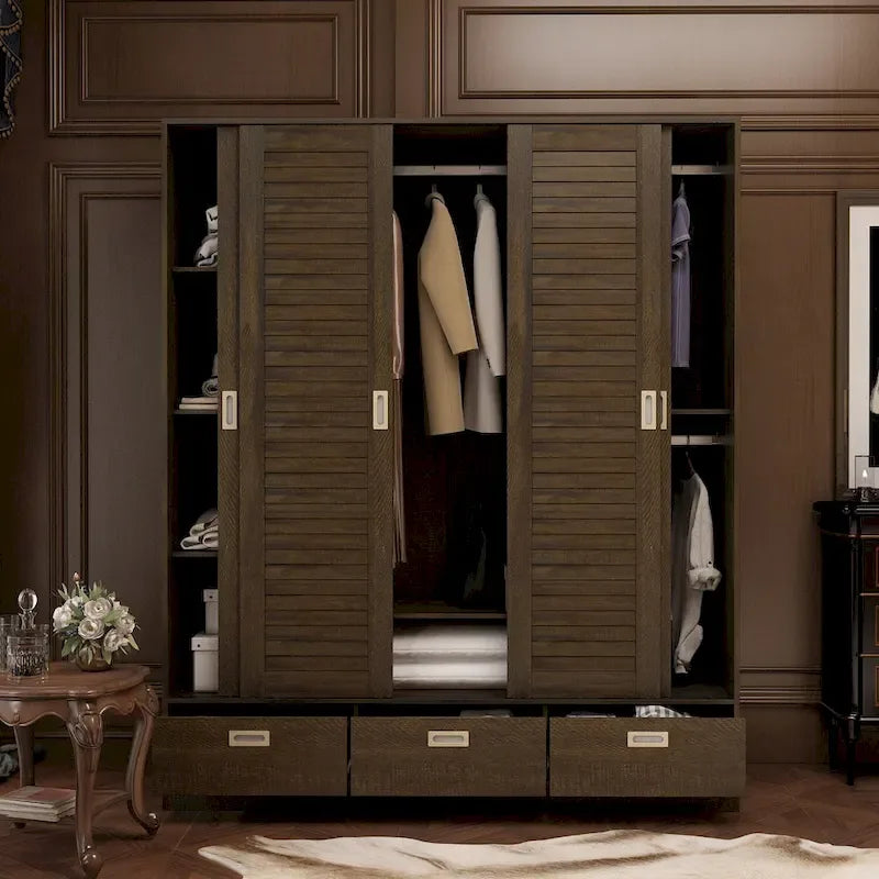 Armario deslizante de 4 puertas de grano de madera marrón con cajones y barra para colgar, 1 persona
