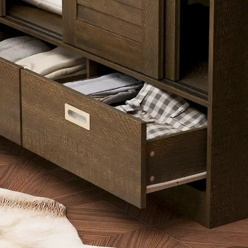 Armario deslizante de 4 puertas de grano de madera marrón con cajones y barra para colgar, 1 persona