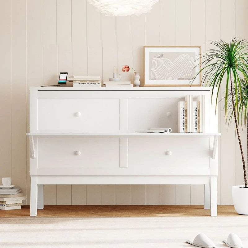 Cama y Gabinete Murphy Queen Gris/Blanco, 2 en 1 con Escritorio y Puerto USB