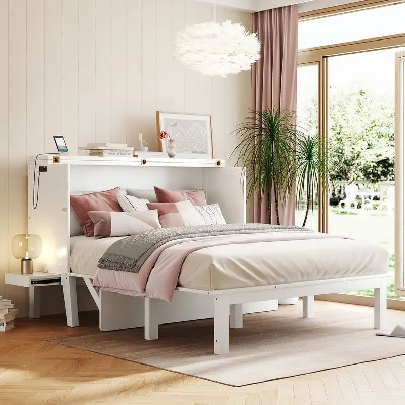 Cama y Gabinete Murphy Queen Gris/Blanco, 2 en 1 con Escritorio y Puerto USB