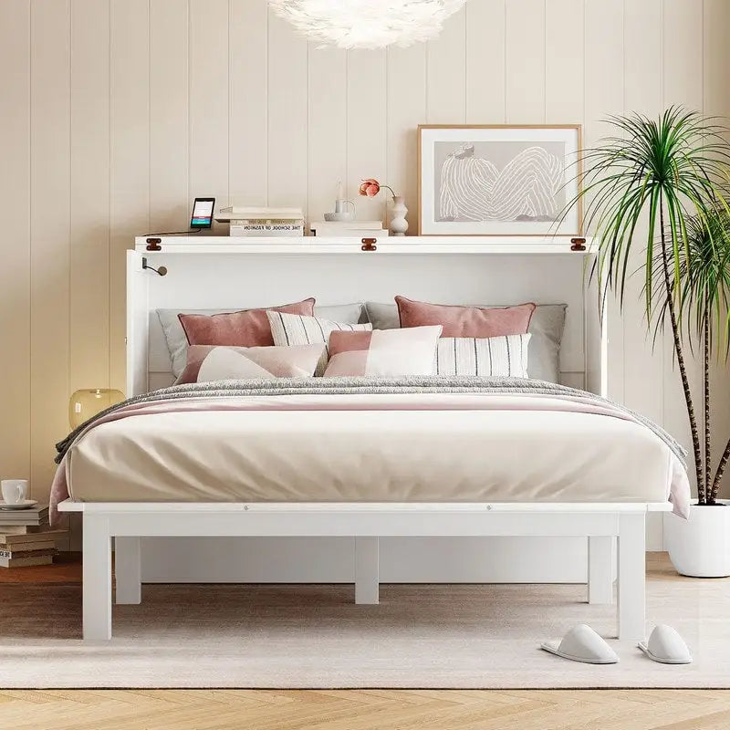 Cama y Gabinete Murphy Queen Gris/Blanco, 2 en 1 con Escritorio y Puerto USB