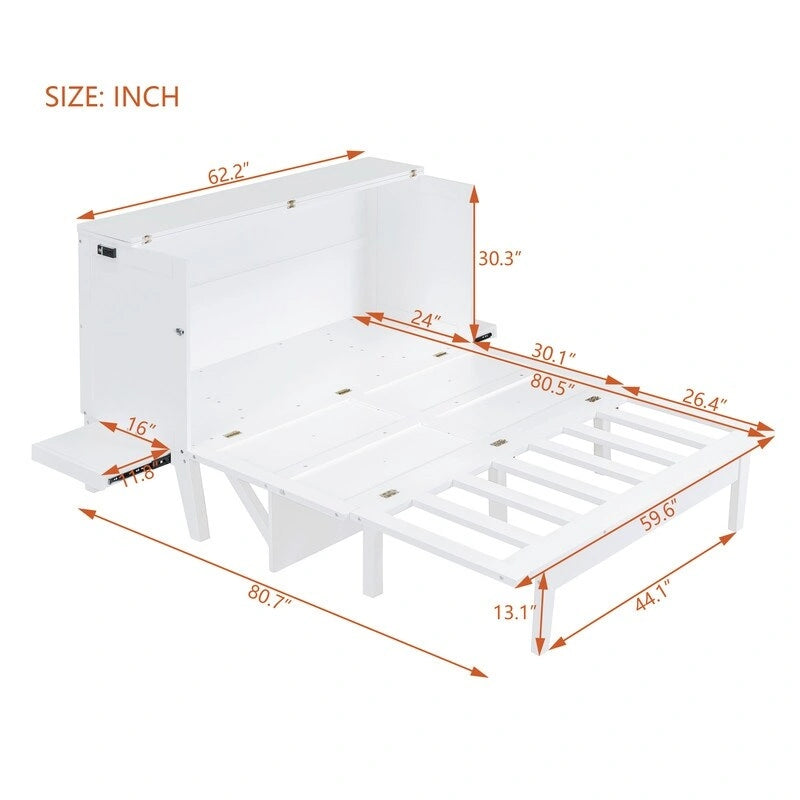 Cama y Gabinete Murphy Queen Gris/Blanco, 2 en 1 con Escritorio y Puerto USB
