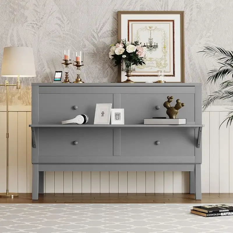 Cama y Gabinete Murphy Queen Gris/Blanco, 2 en 1 con Escritorio y Puerto USB