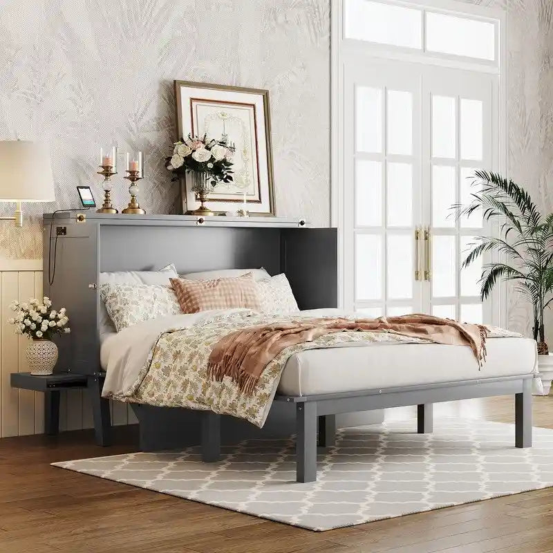 Cama y Gabinete Murphy Queen Gris/Blanco, 2 en 1 con Escritorio y Puerto USB