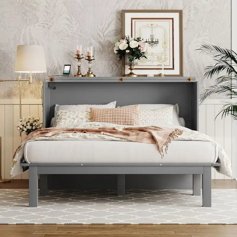 Cama y Gabinete Murphy Queen Gris/Blanco, 2 en 1 con Escritorio y Puerto USB