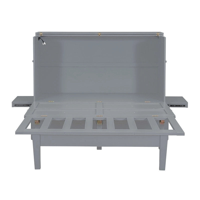 Cama y Gabinete Murphy Queen Gris/Blanco, 2 en 1 con Escritorio y Puerto USB