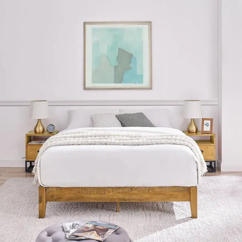 Base de cama estilo plataforma, marrón, de mediados de siglo, para 2 personas, no requiere somier