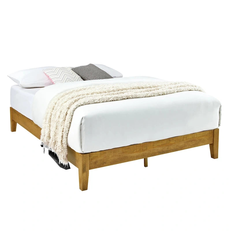 Base de cama estilo plataforma, marrón, de mediados de siglo, para 2 personas, no requiere somier