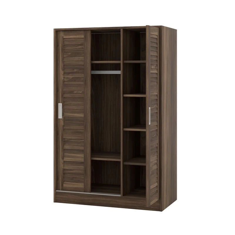 Armario corredero de 3 puertas de nogal/blanco con estantes y barra para colgar, para 1
