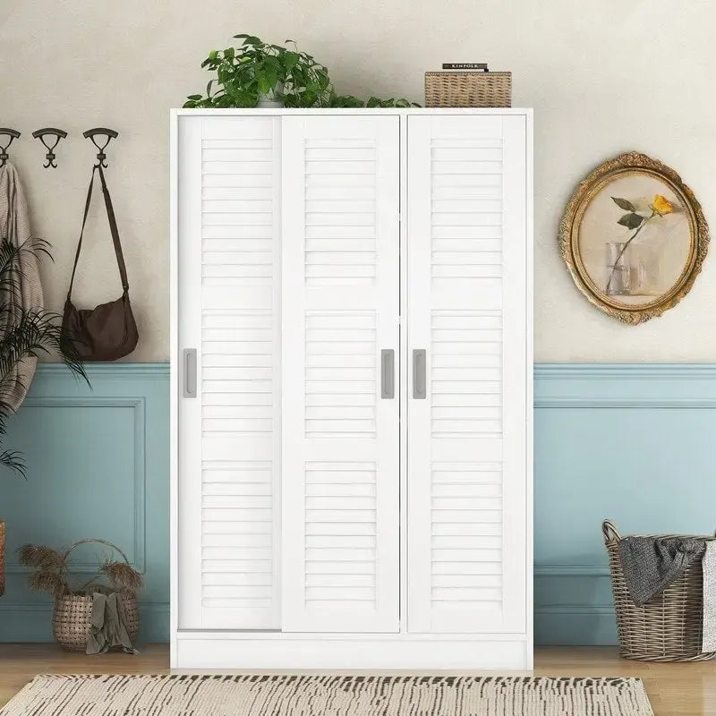 Armario corredero de 3 puertas de nogal/blanco con estantes y barra para colgar, para 1