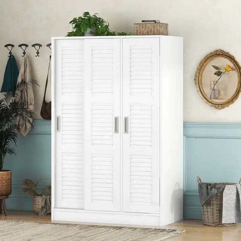 Armario corredero de 3 puertas de nogal/blanco con estantes y barra para colgar, para 1