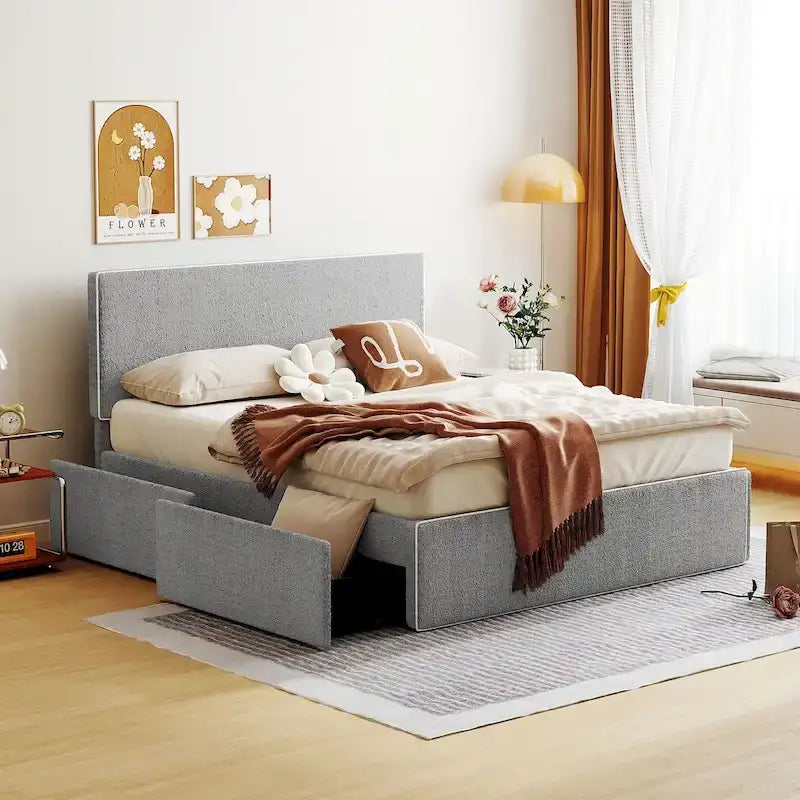 Cama tapizada de plataforma tamaño matrimonial (Full Size) blanca/gris con 4 cajones, para 2