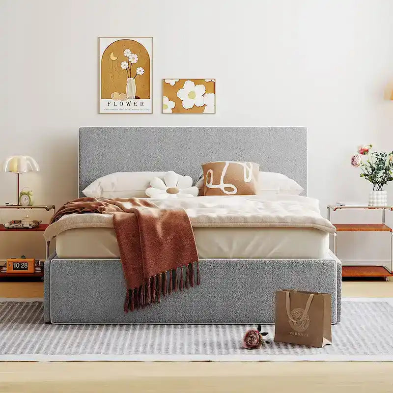 Cama tapizada de plataforma tamaño matrimonial (Full Size) blanca/gris con 4 cajones, para 2