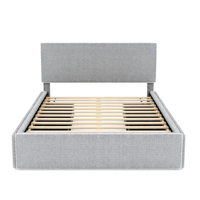 Cama tapizada de plataforma tamaño matrimonial (Full Size) blanca/gris con 4 cajones, para 2