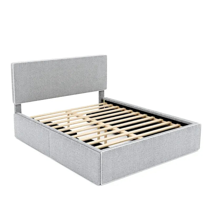 Cama tapizada de plataforma tamaño matrimonial (Full Size) blanca/gris con 4 cajones, para 2