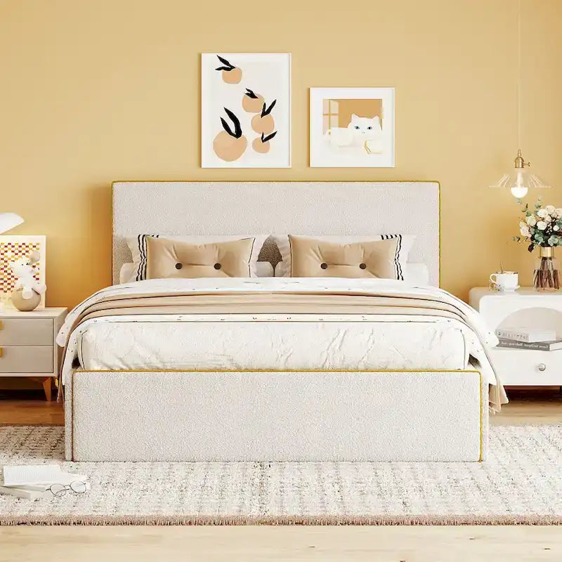 Cama tapizada de plataforma tamaño matrimonial (Full Size) blanca/gris con 4 cajones, para 2
