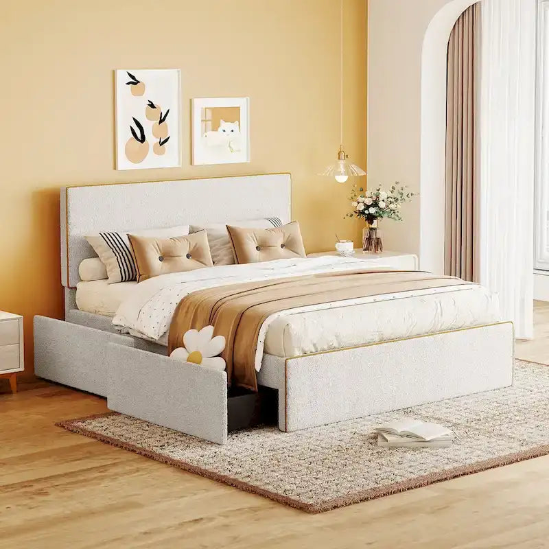Cama tapizada de plataforma tamaño matrimonial (Full Size) blanca/gris con 4 cajones, para 2