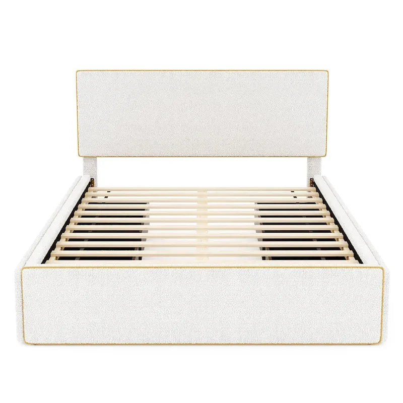 Cama tapizada de plataforma tamaño matrimonial (Full Size) blanca/gris con 4 cajones, para 2