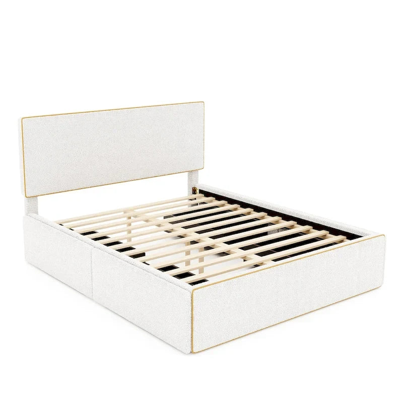 Cama tapizada de plataforma tamaño matrimonial (Full Size) blanca/gris con 4 cajones, para 2