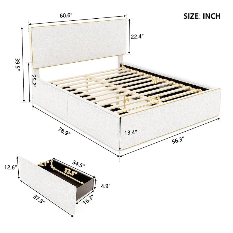 Cama tapizada de plataforma tamaño matrimonial (Full Size) blanca/gris con 4 cajones, para 2