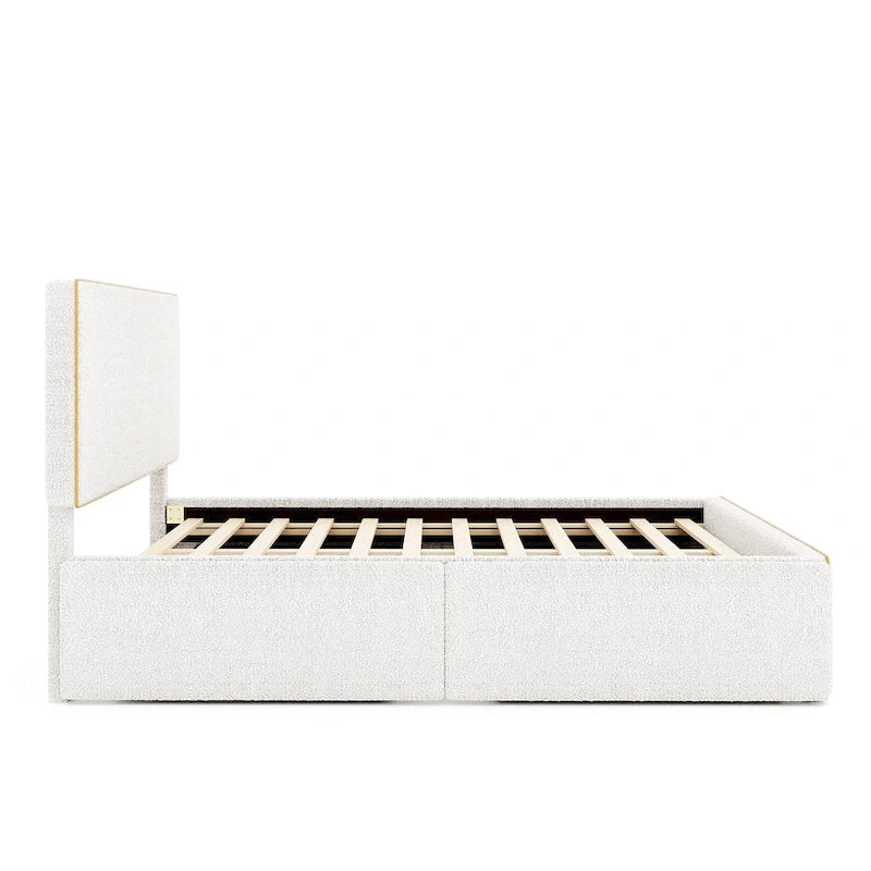 Cama tapizada de plataforma tamaño matrimonial (Full Size) blanca/gris con 4 cajones, para 2