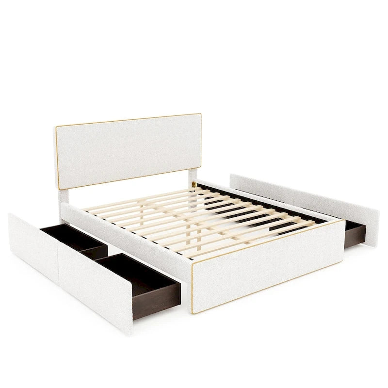 Cama tapizada de plataforma tamaño matrimonial (Full Size) blanca/gris con 4 cajones, para 2